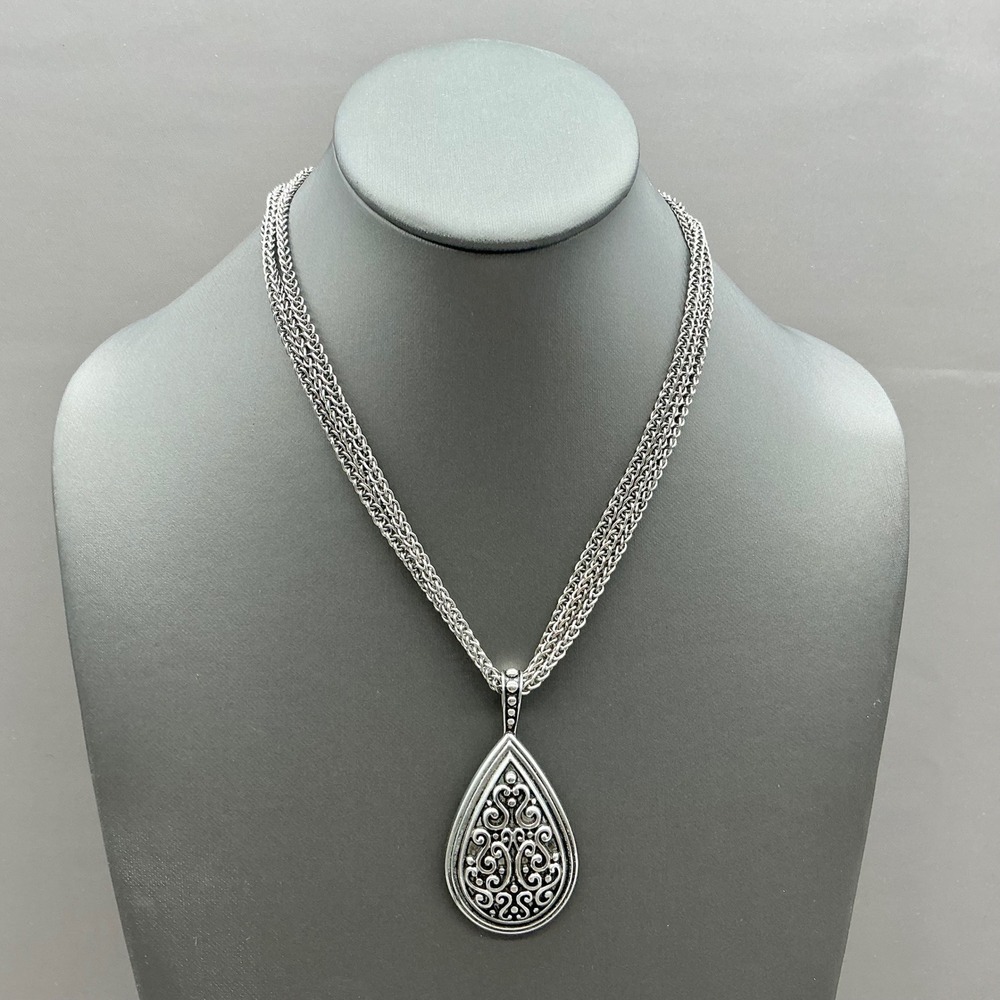 Lia Sophia Necklace Women Silver Filigree Teardrop Pendant Multi Strand Chain